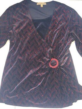Notations Vintage Black Red Glitter Chevron Faux Wrap Top Size L